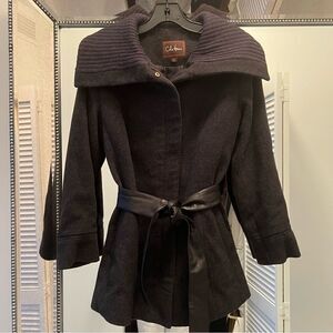 Cole Haan Wool Leather Belted Peacoat Coat w/ Oversized Collar Detail | 6
